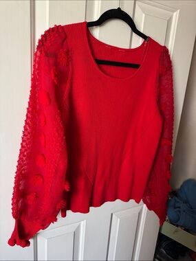 Red Textured Puff Sleeve Top